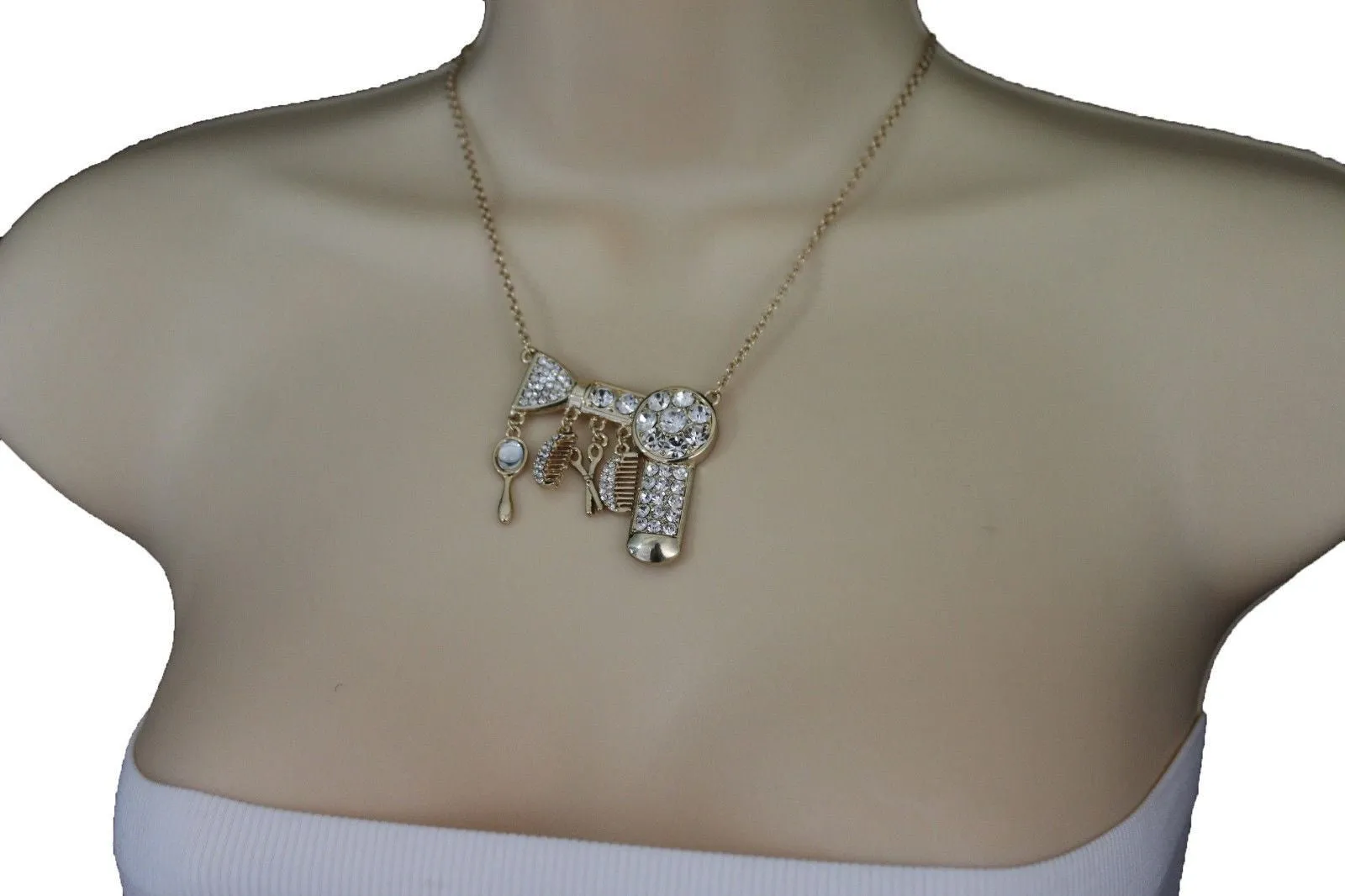 Gold Metal Chains Silver Rhinestones Bead Hair Dresser Beauty Pendant Necklace