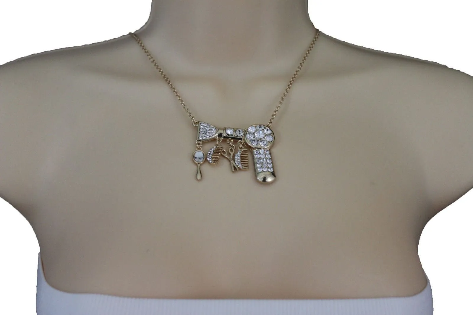 Gold Metal Chains Silver Rhinestones Bead Hair Dresser Beauty Pendant Necklace