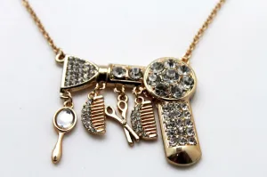 Gold Metal Chains Silver Rhinestones Bead Hair Dresser Beauty Pendant Necklace