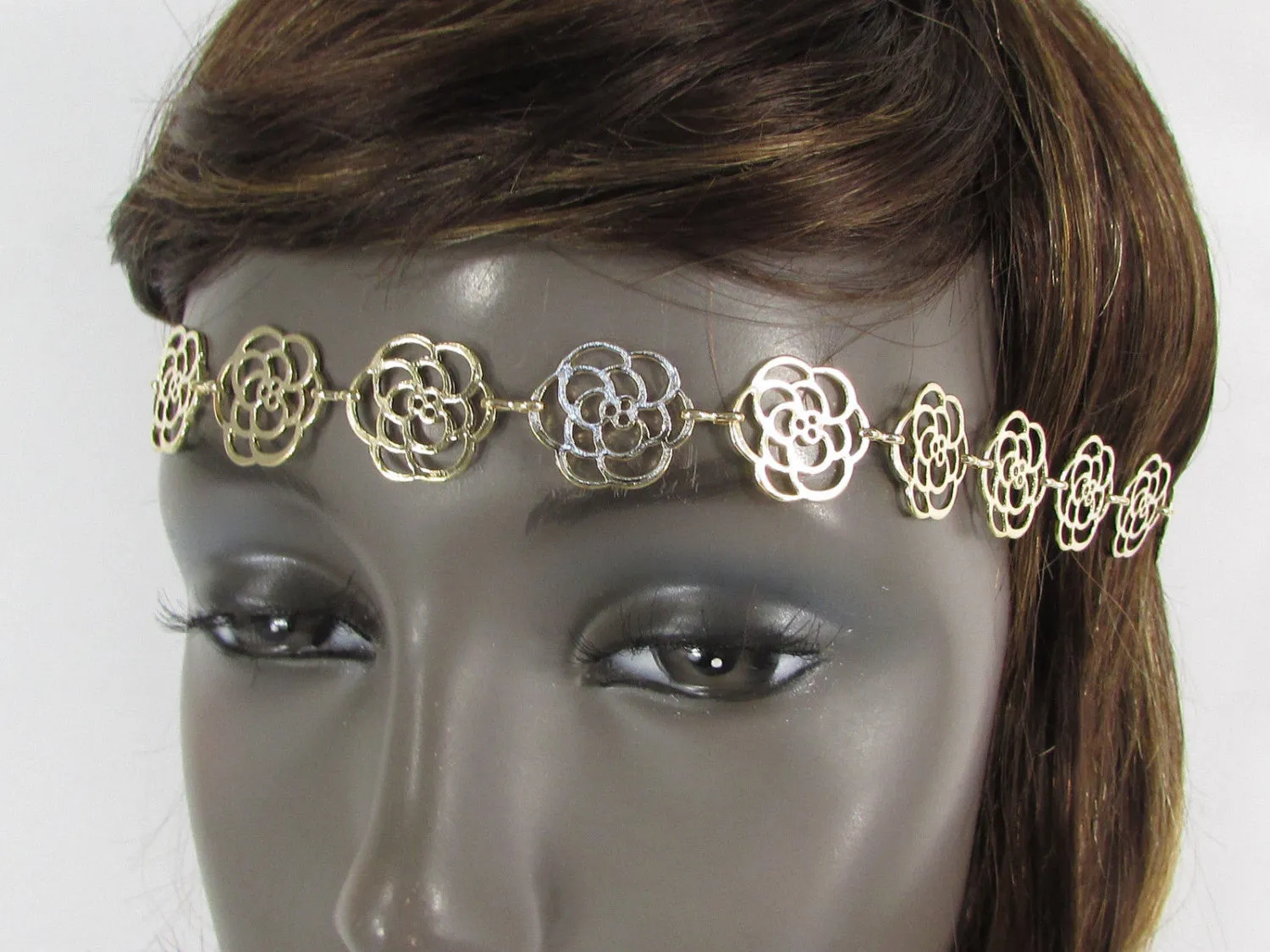Gold Metal Head Band Chain Black Elastic Band Multi Flowers