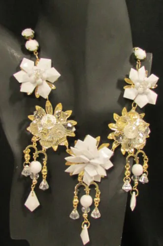 Gold Metals Chains White Or Aqua Blue Multi Trendy Beads Flowers Bib Necklace