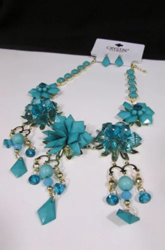 Gold Metals Chains White Or Aqua Blue Multi Trendy Beads Flowers Bib Necklace
