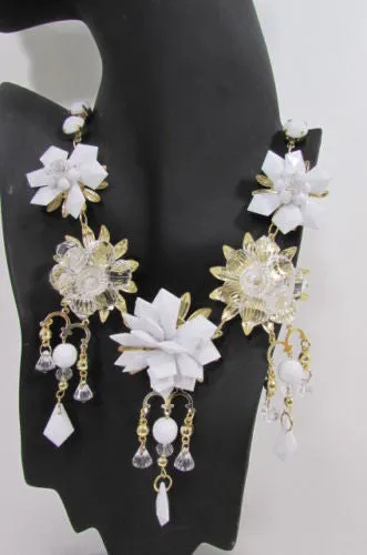 Gold Metals Chains White Or Aqua Blue Multi Trendy Beads Flowers Bib Necklace