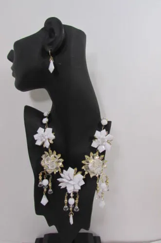 Gold Metals Chains White Or Aqua Blue Multi Trendy Beads Flowers Bib Necklace