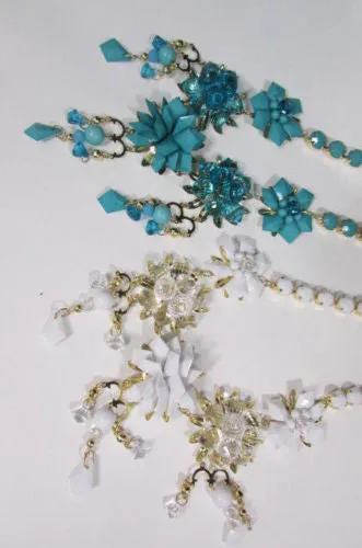Gold Metals Chains White Or Aqua Blue Multi Trendy Beads Flowers Bib Necklace