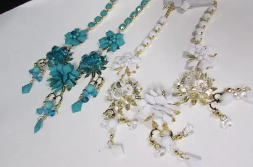 Gold Metals Chains White Or Aqua Blue Multi Trendy Beads Flowers Bib Necklace