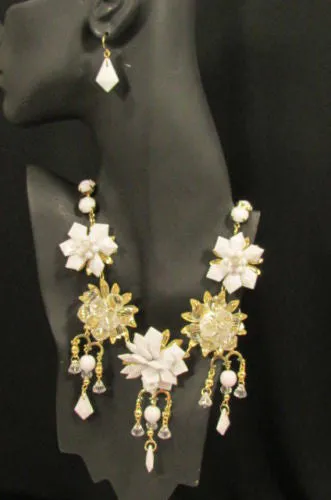 Gold Metals Chains White Or Aqua Blue Multi Trendy Beads Flowers Bib Necklace