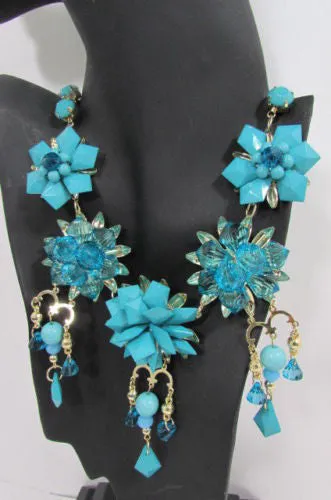 Gold Metals Chains White Or Aqua Blue Multi Trendy Beads Flowers Bib Necklace