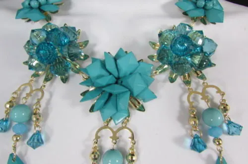 Gold Metals Chains White Or Aqua Blue Multi Trendy Beads Flowers Bib Necklace