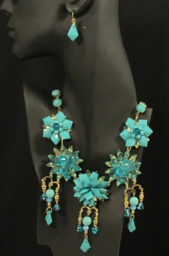 Gold Metals Chains White Or Aqua Blue Multi Trendy Beads Flowers Bib Necklace
