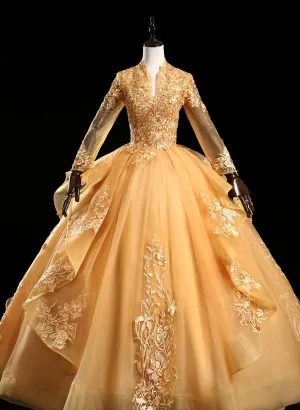 Gold Tulle Long Sleeves Lace Applique Formal Dress, Ball Gown Sweet 16 Dress