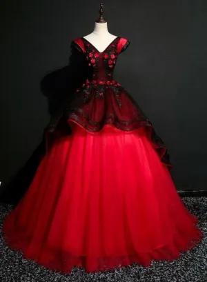Gorgeous Black and Red Embroidery Quinceanera Dresses, Lace Applique Tulle Gowns