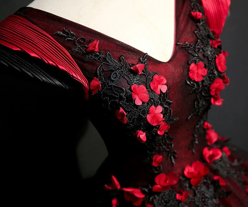 Gorgeous Black and Red Embroidery Quinceanera Dresses, Lace Applique Tulle Gowns