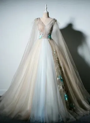 Gorgeous Champagne Tulle V-neckline Sweet 16 Dress, Quinceanera Dress