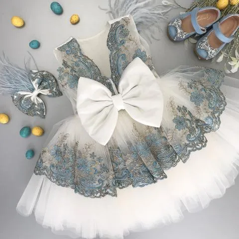 Gorgeous Gold And Dusty Blue Lace Ivory Tulle Satin Bow Knot Flower Girl Dresses, FGS103