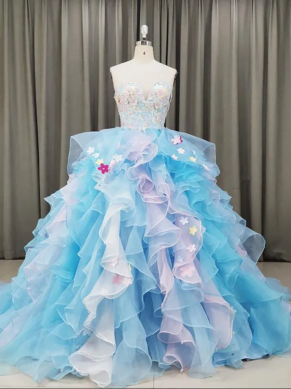 Gorgeous Organza Flowers Blue Sweet 16 Gown, Handmade Party Dress