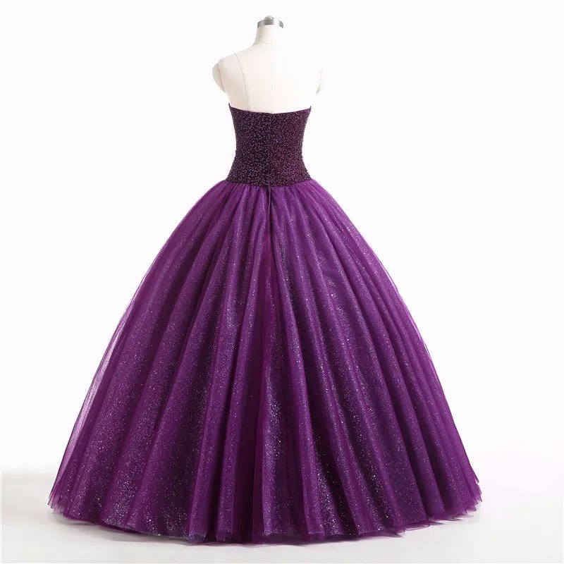 Gorgeous Purple Beaded Tulle Ball Gown Sweet 16 Dress, Purple Quinceanera Dress