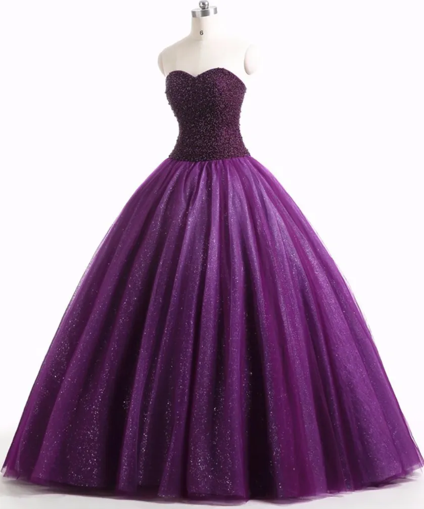 Gorgeous Purple Beaded Tulle Ball Gown Sweet 16 Dress, Purple Quinceanera Dress