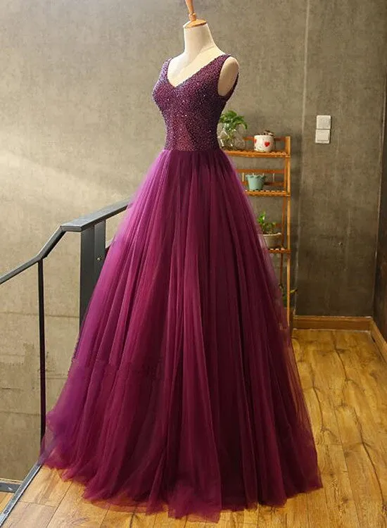 Gorgeous Purple Beaded V-neckline Party Gown, Sweet 16 Dresses