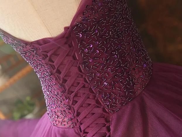 Gorgeous Purple Beaded V-neckline Party Gown, Sweet 16 Dresses