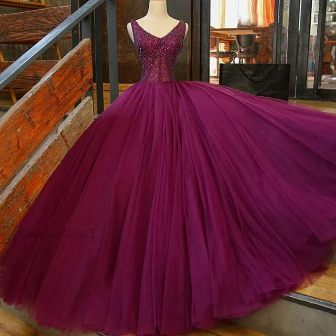 Gorgeous Purple Beaded V-neckline Party Gown, Sweet 16 Dresses