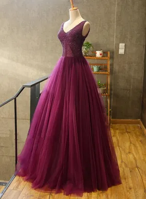 Gorgeous Purple Beaded V-neckline Party Gown, Sweet 16 Dresses