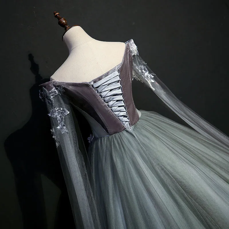 Gorgeous Velvet and Tulle Sweet 16 Gown with Flowers, Long Formal Dress Party Dresses