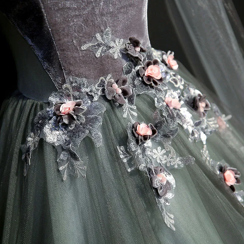 Gorgeous Velvet and Tulle Sweet 16 Gown with Flowers, Long Formal Dress Party Dresses