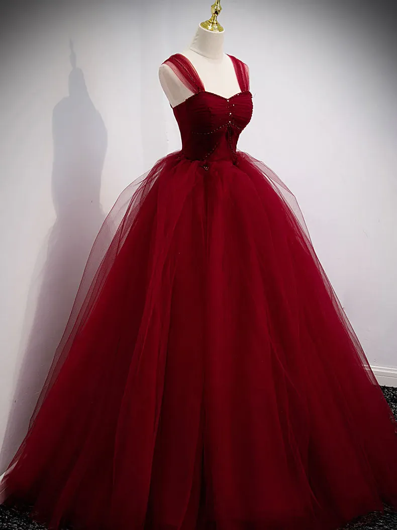 Gorgeous Wine Red Tulle Ball Gown Long Prom Dress Formal Dress, Burgundy Sweet 16 Dresses