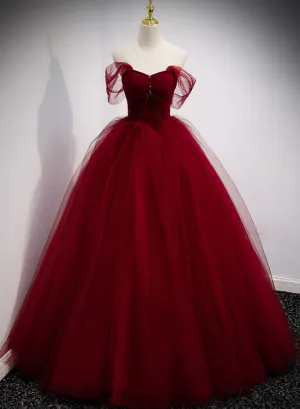 Gorgeous Wine Red Tulle Ball Gown Long Prom Dress Formal Dress, Burgundy Sweet 16 Dresses