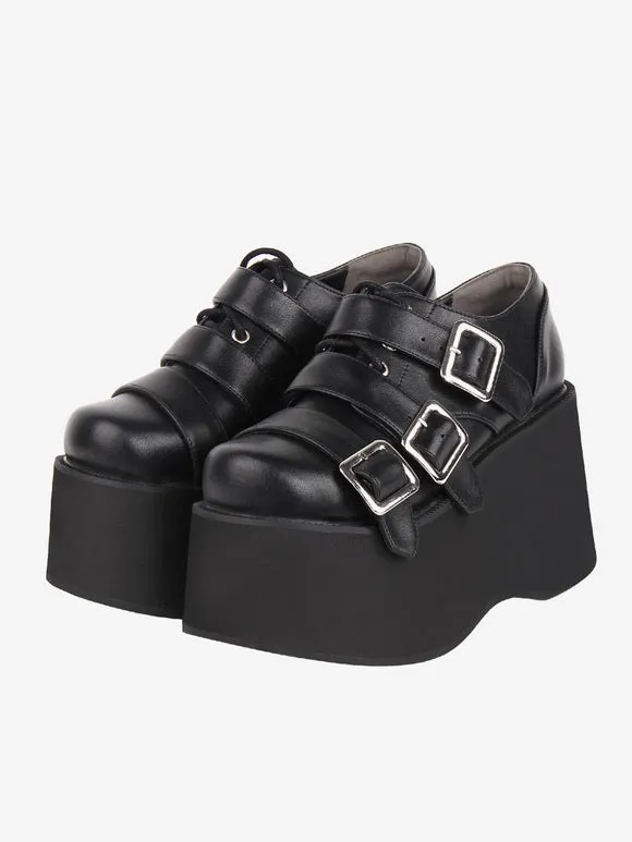 Gothic Lolita Footwear Black Lace Up Round Toe PU Leather Lolita Shoes