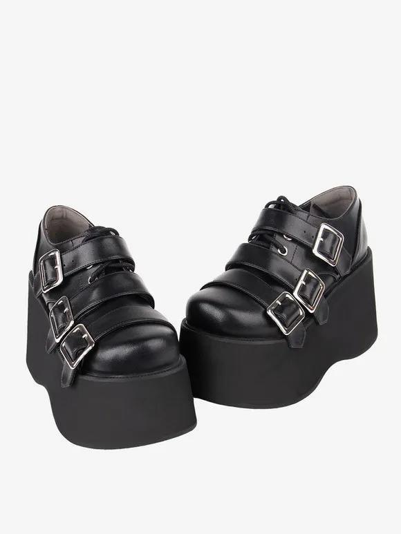 Gothic Lolita Footwear Black Lace Up Round Toe PU Leather Lolita Shoes