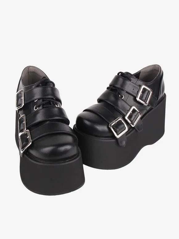 Gothic Lolita Footwear Black Lace Up Round Toe PU Leather Lolita Shoes