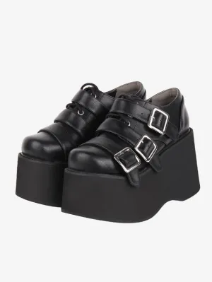 Gothic Lolita Footwear Black Lace Up Round Toe PU Leather Lolita Shoes