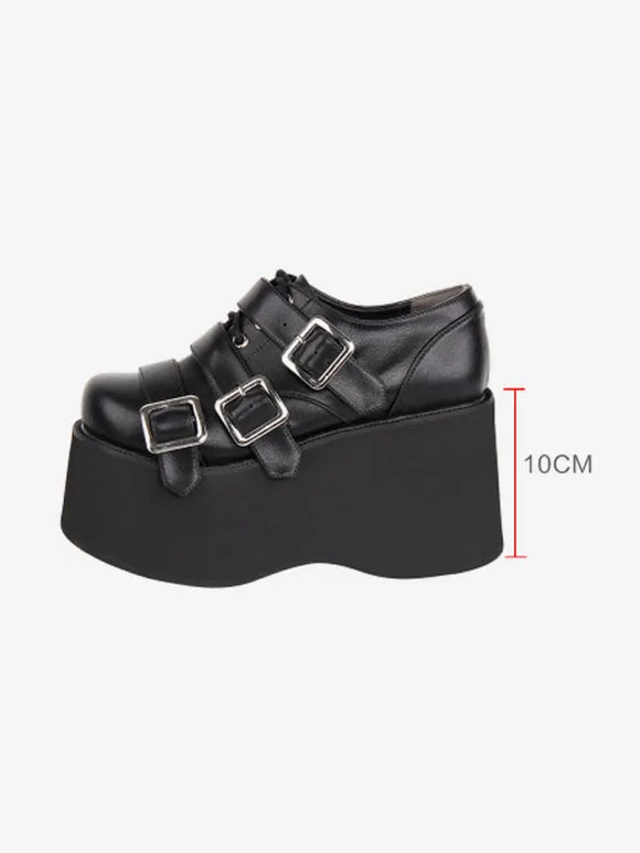 Gothic Lolita Footwear Black Lace Up Round Toe PU Leather Lolita Shoes