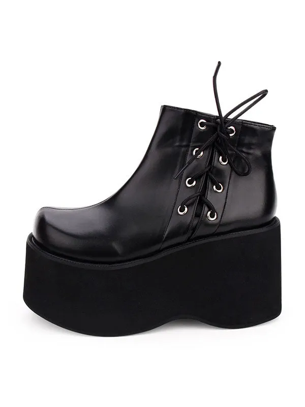 Gothic Lolita Pumps Flatform Black Lace Up PU Leather Lolita Shoes