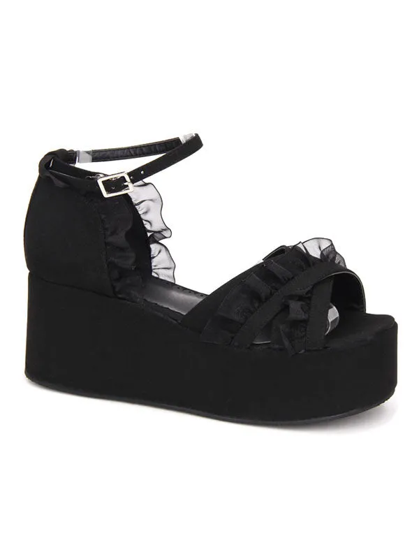 Gothic Lolita Sandals Ruffle Ankle Strap Platform Wedge Heel Black Lolita Shoes