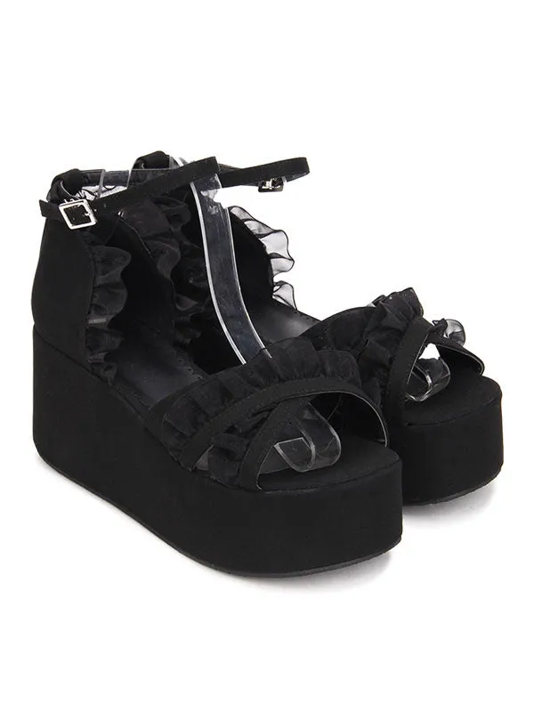 Gothic Lolita Sandals Ruffle Ankle Strap Platform Wedge Heel Black Lolita Shoes