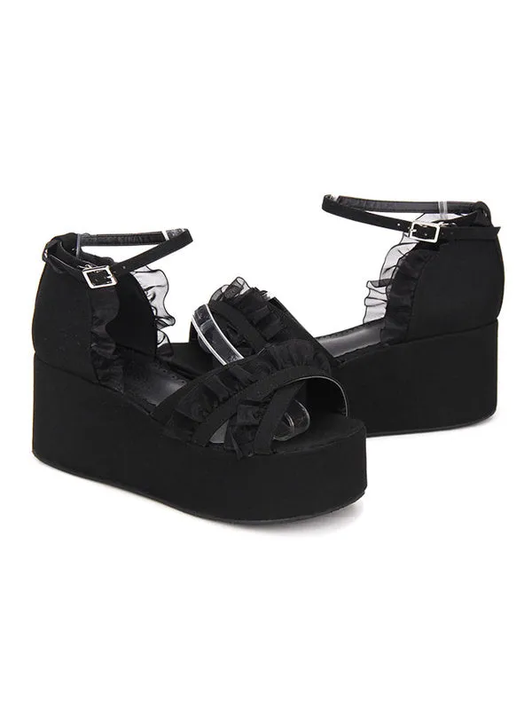 Gothic Lolita Sandals Ruffle Ankle Strap Platform Wedge Heel Black Lolita Shoes