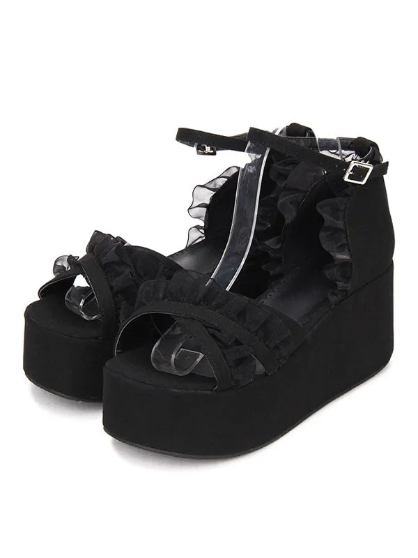 Gothic Lolita Sandals Ruffle Ankle Strap Platform Wedge Heel Black Lolita Shoes