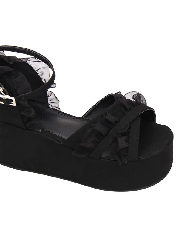 Gothic Lolita Sandals Ruffle Ankle Strap Platform Wedge Heel Black Lolita Shoes