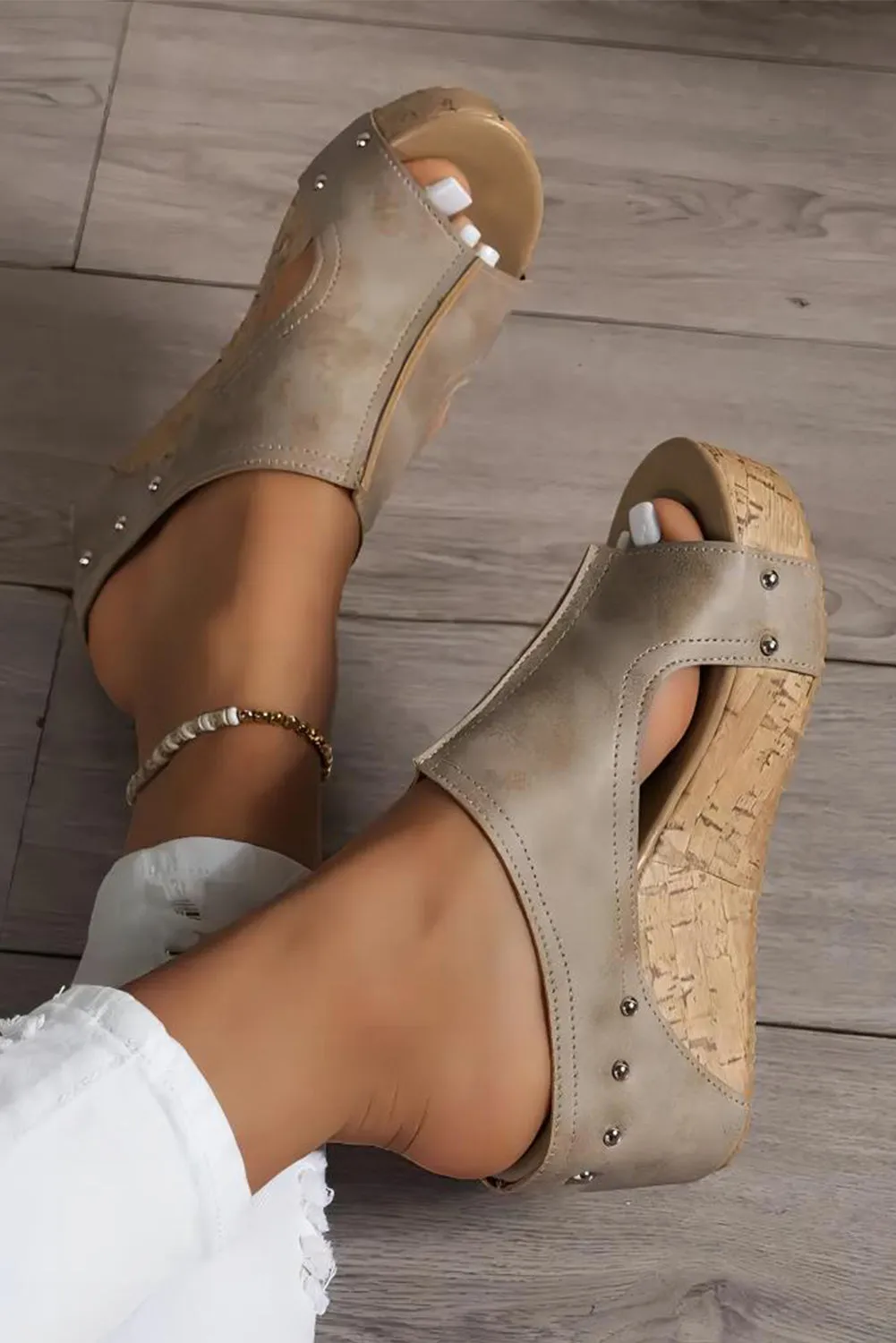 Gray Hollow Out Studded PU Leather Wedge Sandal