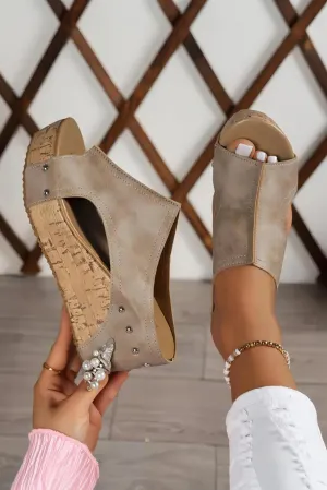 Gray Hollow Out Studded PU Leather Wedge Sandal