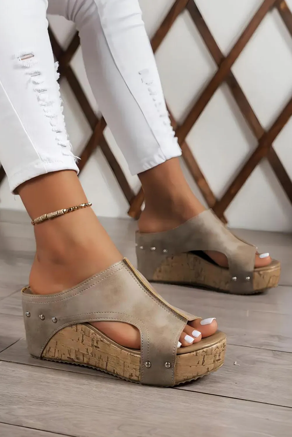 Gray Hollow Out Studded PU Leather Wedge Sandal