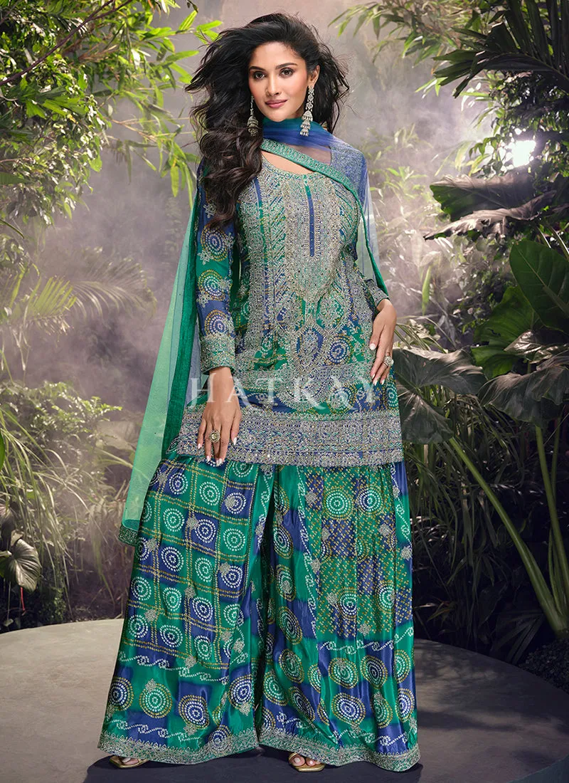 Green And Blue Handwork Sharara Style Suit