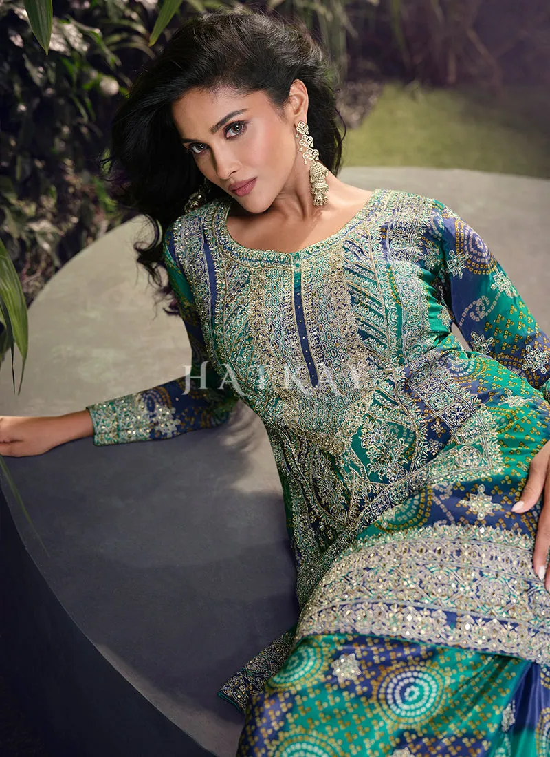 Green And Blue Handwork Sharara Style Suit