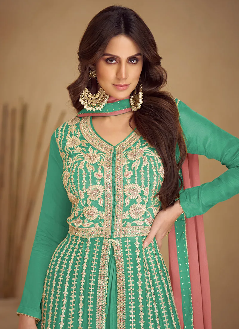Green And Peach Traditional Embroidered Wedding Anarkali Palazzo Suit