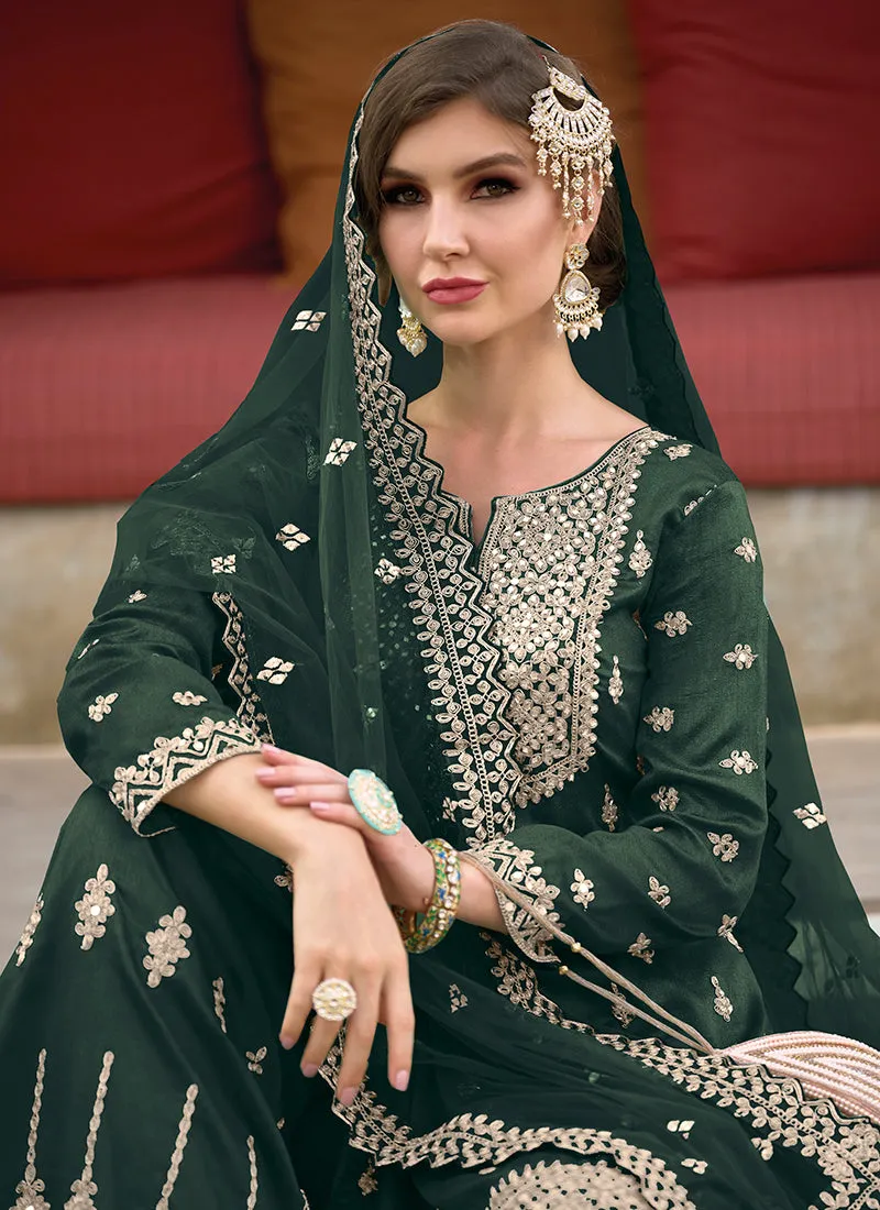 Green Festive Embroidery Wedding Palazzo Suit