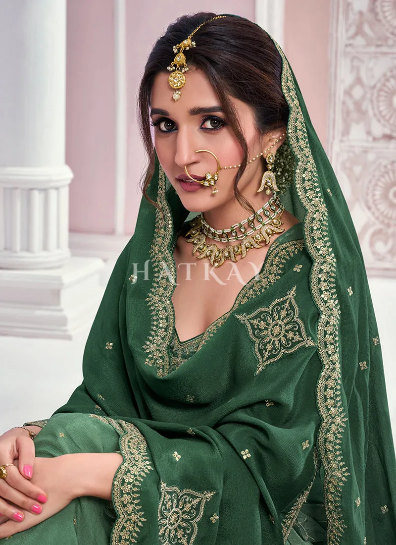 Green Golden Embroidered Festive Sharara Style Suit