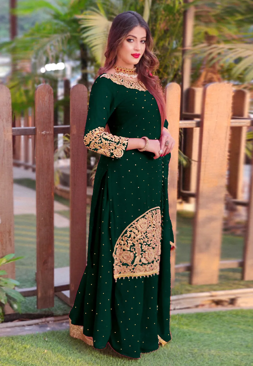 Green Golden Embroidered Sharara Suit
